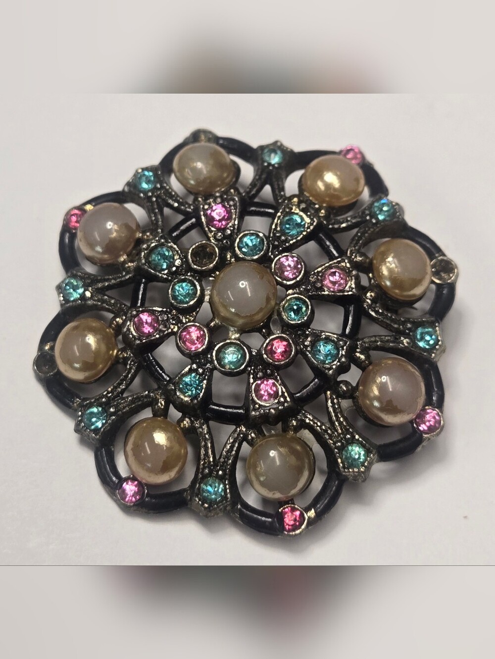 Art Deco Round Cluster Brooch Faux Pearl Rhinestones Gold Aqua Blue Pink